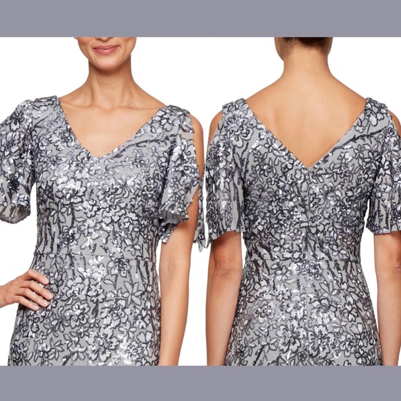 NEW $259‎ Alex Evenings [ 10 ] Sequin Lace Cold Shoulder Trumpet Gown Silver - Picture 2 of 13